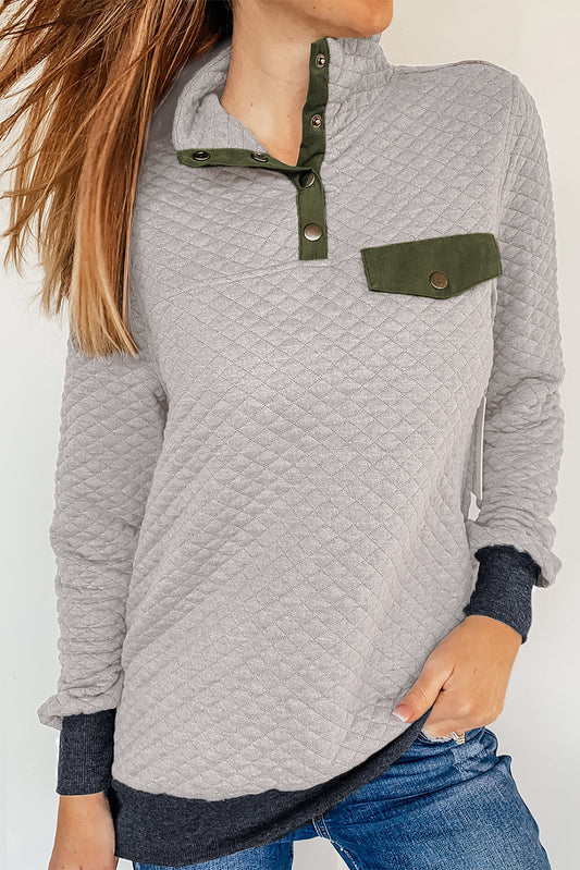 Dark Gray Quilted Snaps Stand Neck Sweatshirt with Fake Front Pocket