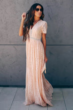 Burgundy Deep V Neck Short Sleeve Lace Maxi Dress