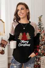 Crewneck Lantern Sleeve Plaid Sequin Splicing Pullover Sweatshirt