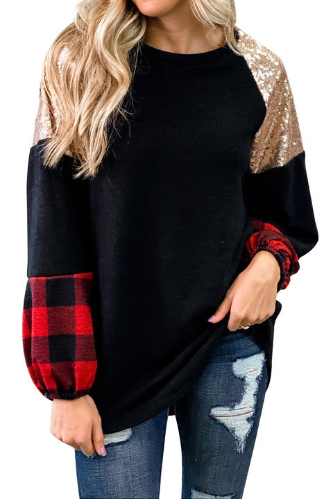 Crewneck Lantern Sleeve Plaid Sequin Splicing Pullover Sweatshirt