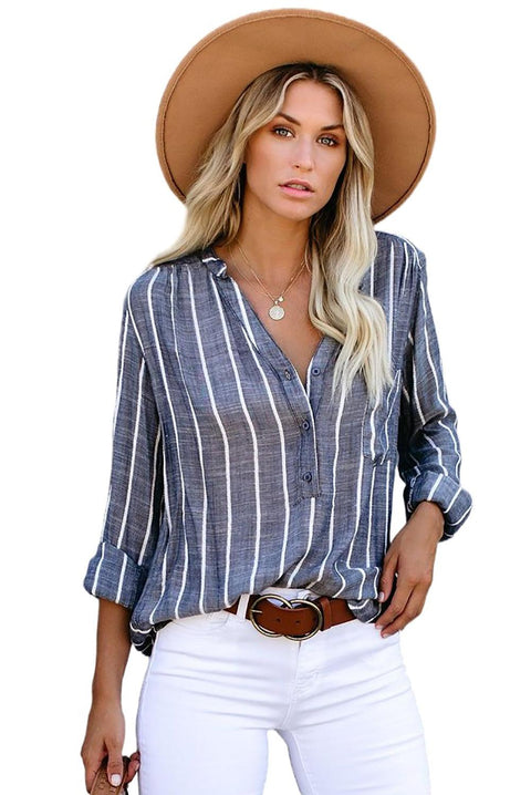 /Blue Striped V Neck Pocket Long Sleeve Top - HannaBanna Clothing