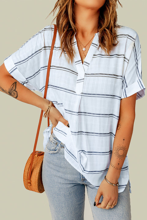 Plaid Print Loose V Neck Short Sleeve Shirt with Slits