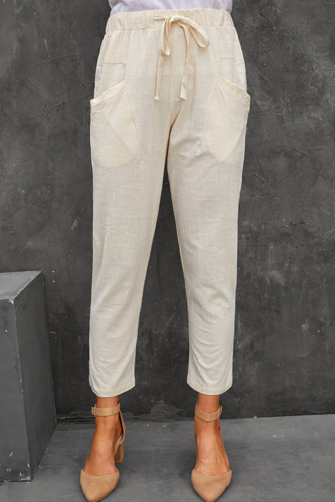 Pantalones de cintura alta con cordón y bolsillos sólidos