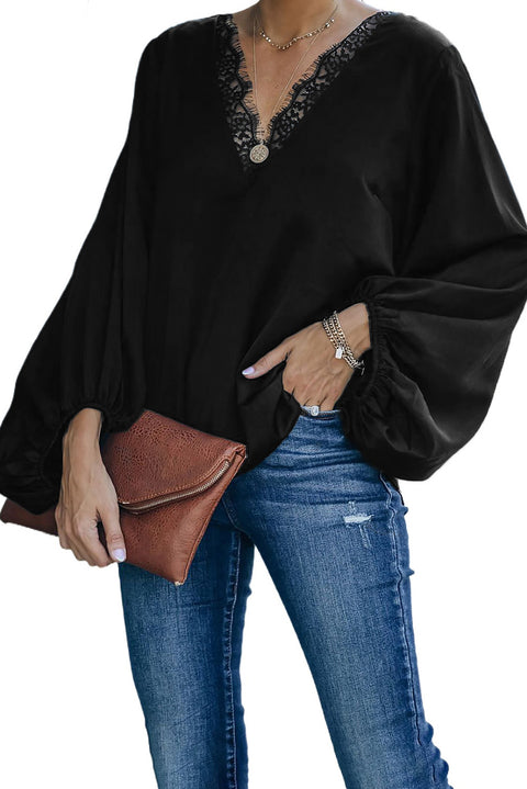 Lace V Neck Balloon Sleeves Top