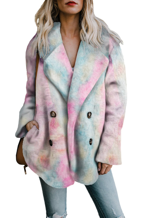 Tie Dye Lapel Collar Open Front Fleece Coat