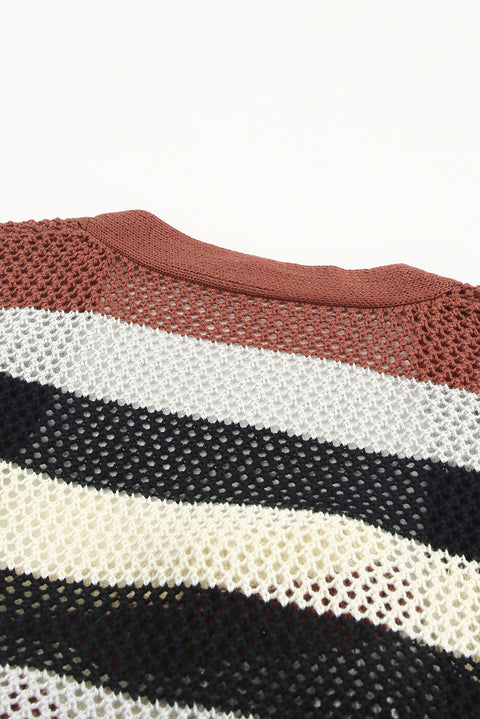 Striped Color Block Hollowed Knit Cardigan