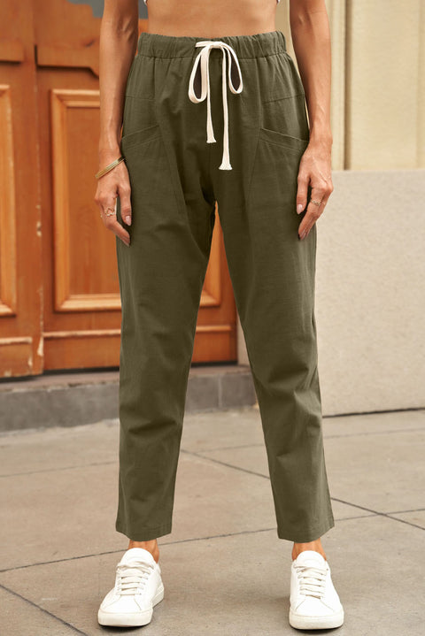 Pantalones de cintura alta con cordón y bolsillos sólidos