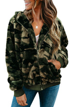 Camo Print Zipper Fleece Hooded Coat with Pockets