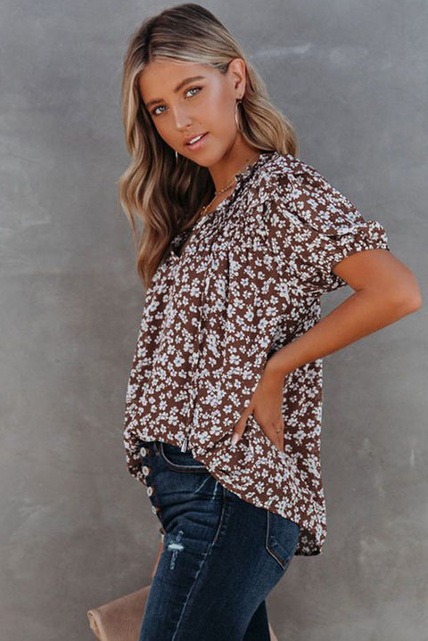 Floral Print Smocked Ruffled V Neck T-shirt