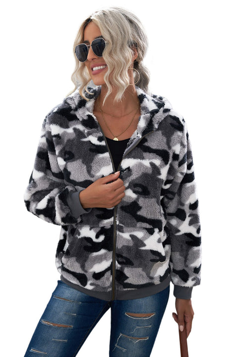 Camo Print Zipper Fleece Hooded Coat with Pockets