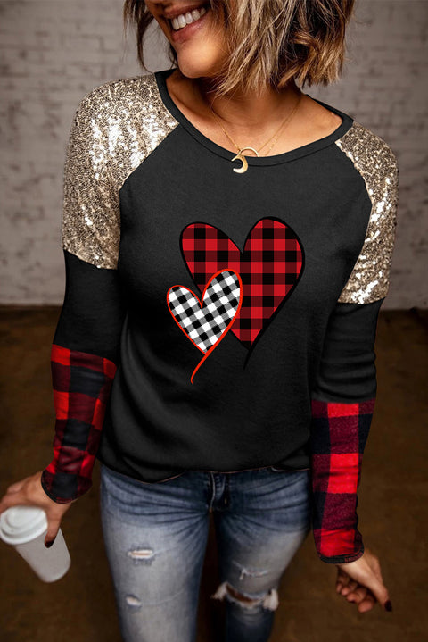 Crewneck Lantern Sleeve Plaid Sequin Splicing Pullover Sweatshirt