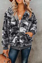 Camo Print Zipper Fleece Hooded Coat with Pockets