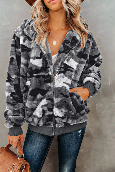 Camo Print Zipper Fleece Hooded Coat with Pockets