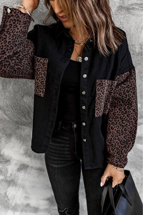 Sky Blue Contrast Leopard Denim Jacket