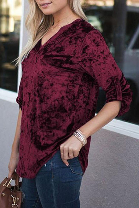 V Neck Roll-tab Sleeve Velvet Top