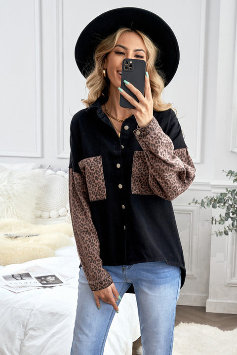 Sky Blue Contrast Leopard Denim Jacket