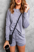 Grey Ribbed Knit Drop-Shoulder Sleeve Top and Shorts Two Piece Set