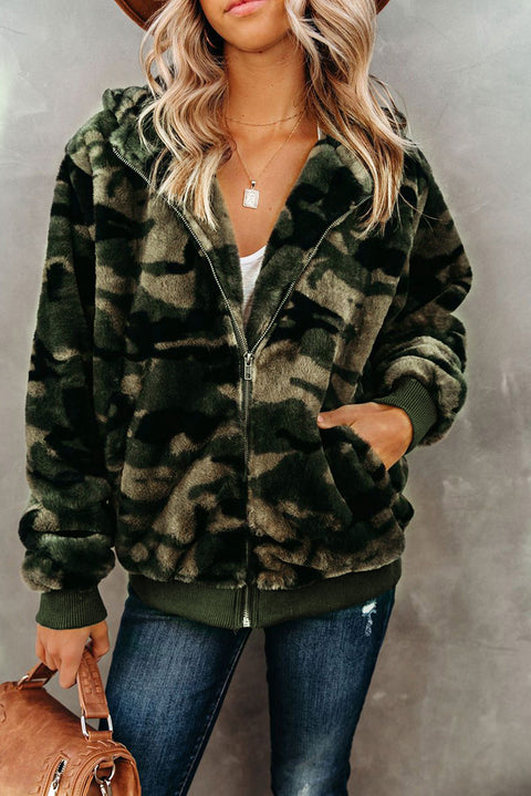 Camo Print Zipper Fleece Hooded Coat with Pockets