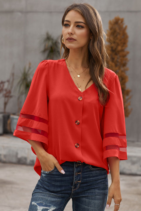 Flare Sleeve V Neck Button Down Blouse