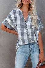 Plaid Print Loose V Neck Short Sleeve Shirt with Slits