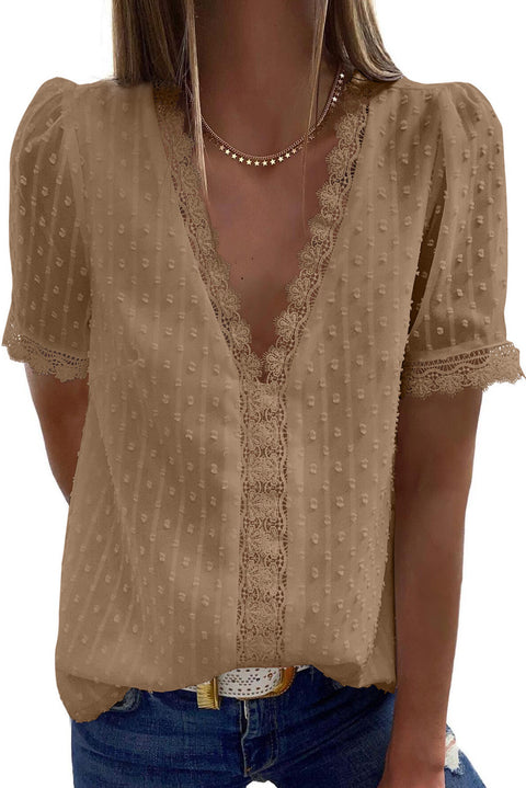 Lace Splicing V-Neck Swiss Dot Short Sleeve Top