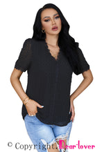 Lace Splicing V-Neck Swiss Dot Short Sleeve Top