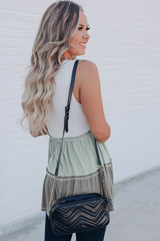 Ruffled V Neck Color Block Tank Top