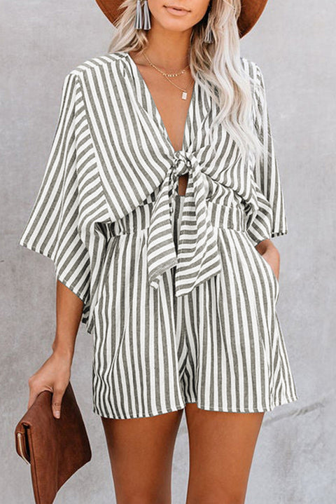 3/4 Wide Kimono Sleeves Tie Front Striped Romper with Pockets