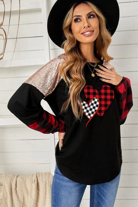 Crewneck Lantern Sleeve Plaid Sequin Splicing Pullover Sweatshirt