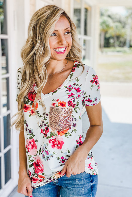 Sequin Pocket V Neck Floral T-shirt