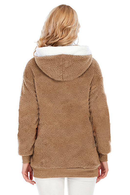 Khaki Plush Zipper Hooded Coat