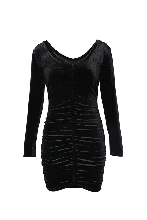 Long Sleeve Ruched Velvet Dress