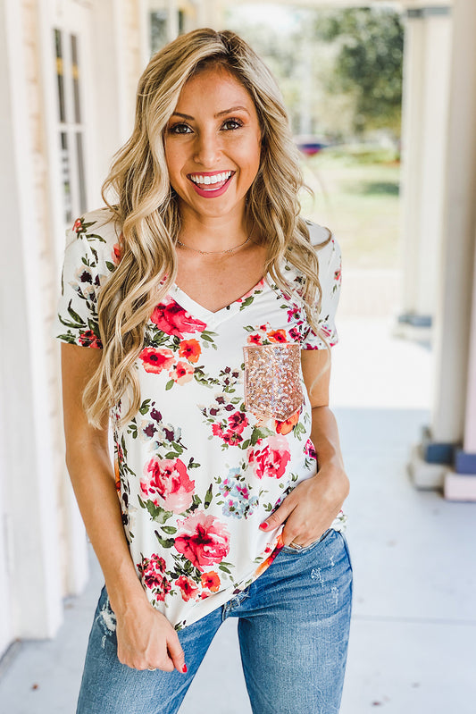 Sequin Pocket V Neck Floral T-shirt