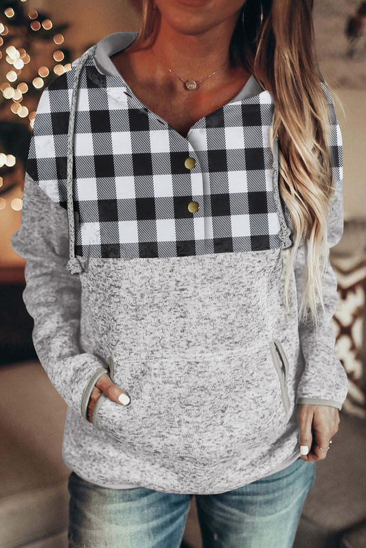 Plaid Splicing Pocketed Hoodie