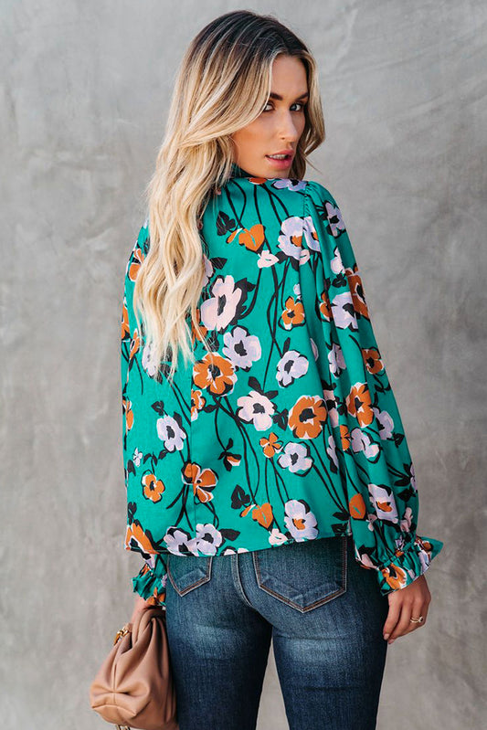 Floral Print Smocked Mock Neck Blouse