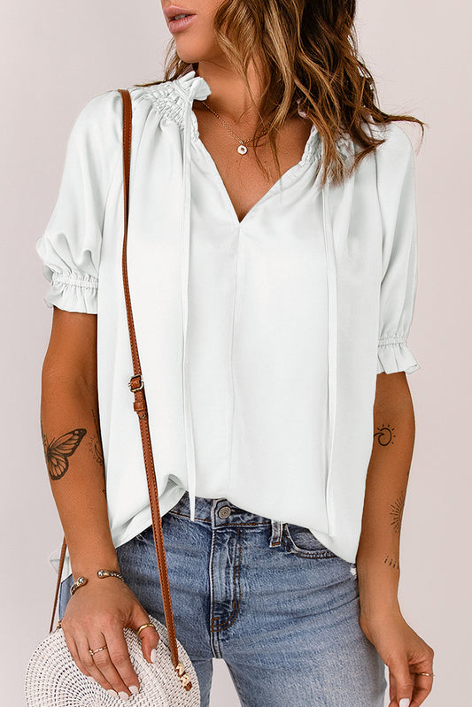 Khaki Split Frill Neck Puff Sleeve Blouse