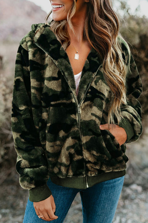 Camo Print Zipper Fleece Hooded Coat with Pockets