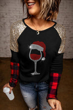 Crewneck Lantern Sleeve Plaid Sequin Splicing Pullover Sweatshirt