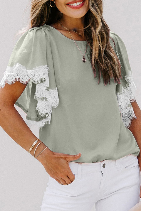 Satin Lace Flutter Sleeve Top