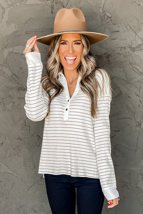 Striped Ribbed Knit Polo Top