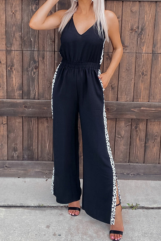 Leopard Patchwork Spaghetti Strap Wide Leg Jumpsuit