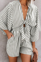 3/4 Wide Kimono Sleeves Tie Front Striped Romper with Pockets