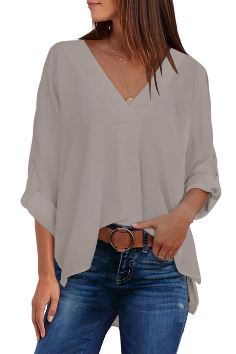 V Neck 3/4 Sleeve High Low Hem Shirt