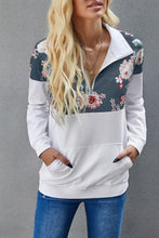 Floral Splice Pink Kangaroo Pocket Zip Collar Sweatshirt