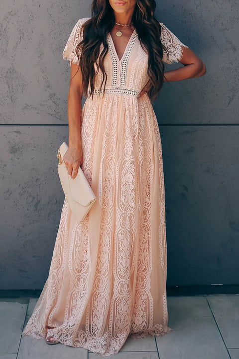 Burgundy Deep V Neck Short Sleeve Lace Maxi Dress