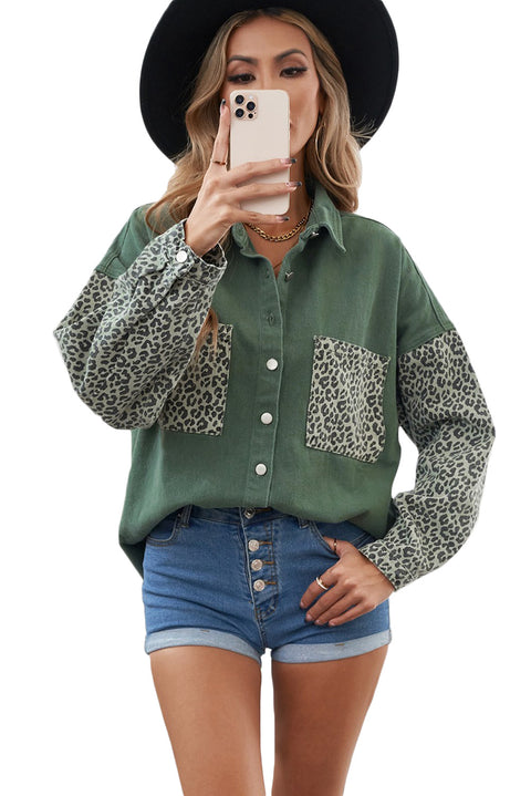 Sky Blue Contrast Leopard Denim Jacket