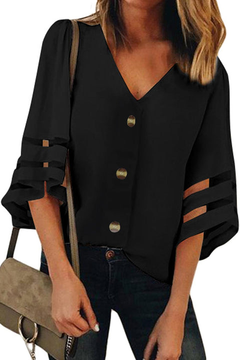 Flare Sleeve V Neck Button Down Blouse