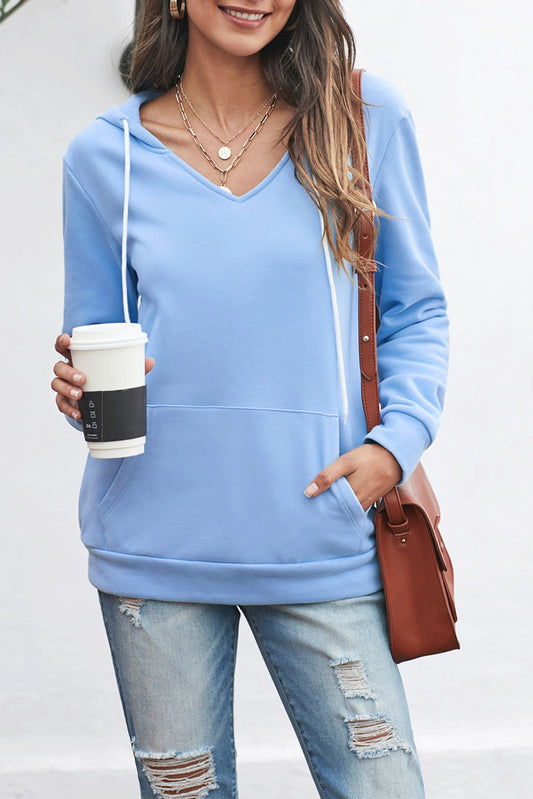 V Neck Kangaroo Pocket Drawstring Hoodie