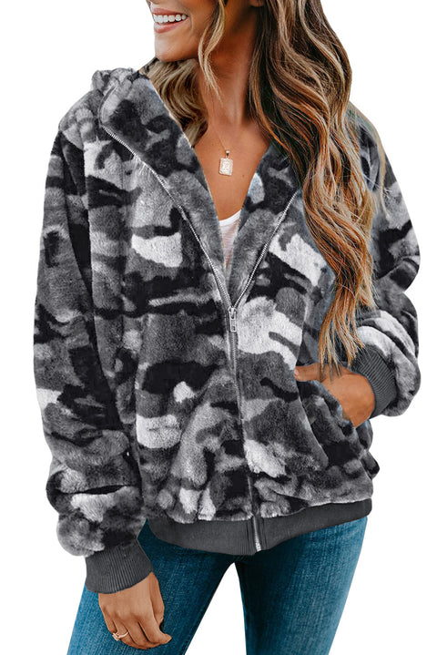 Camo Print Zipper Fleece Hooded Coat with Pockets