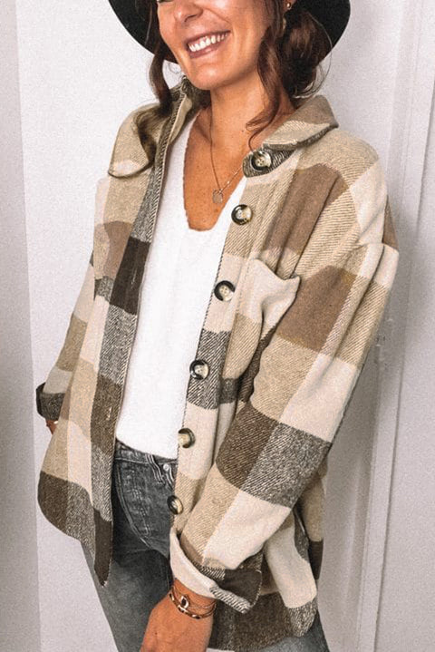 Plaid Color Block Buttoned Long Sleeve Jacket with Pocket